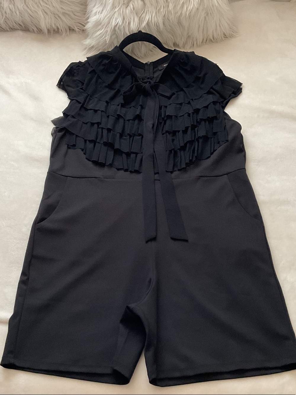 Buxom Black Ruffle Tie-Neck Romper